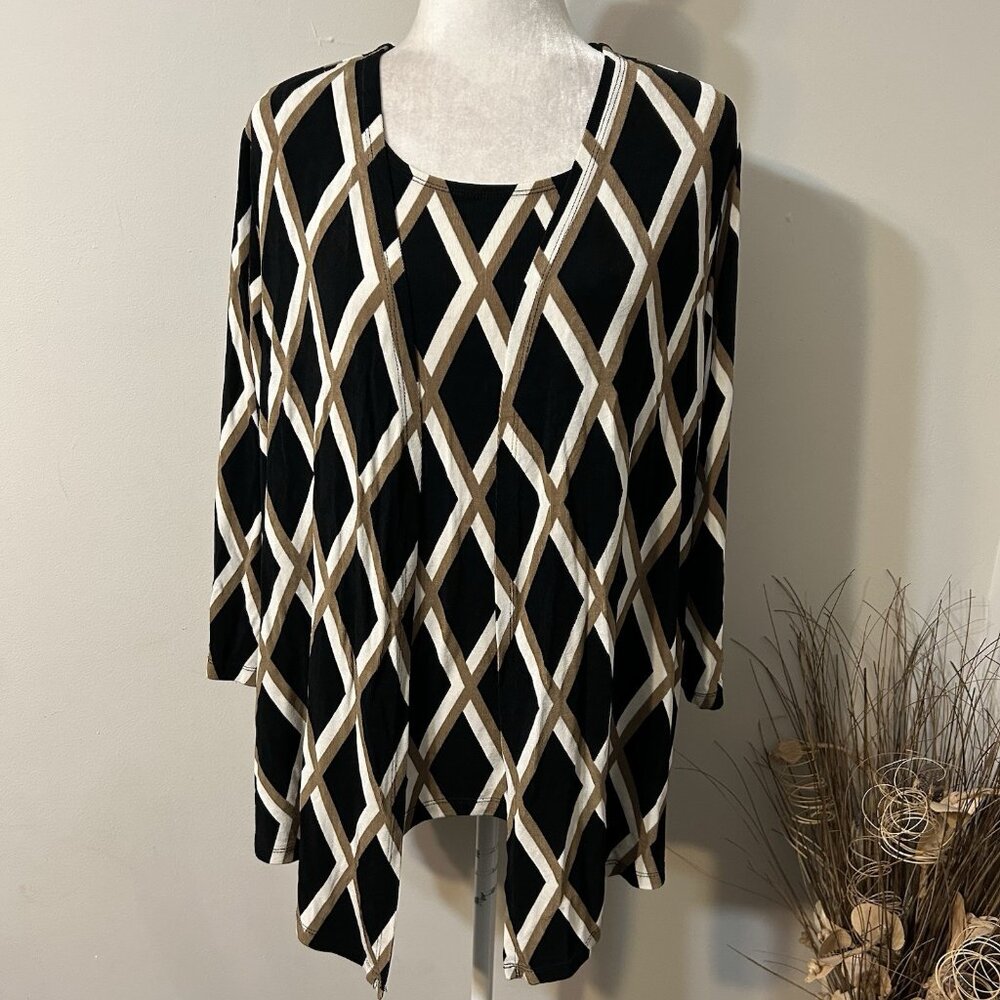 Chico’s Travelers Slinky Geometric 2PC Set Cardigan Tank Black Brown Women Sz L